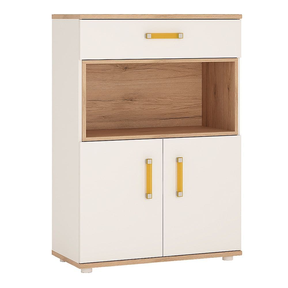 Kinder 2 Door 1 Drawer Cupboard with open shelf in Light Oak and white High Gloss (orange handles)